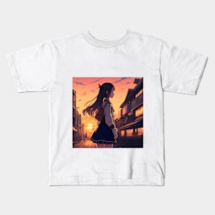 Enchanting Anime Sunset: Sailor Schoolgirl's Downtown Stroll Kids T-Shirt
